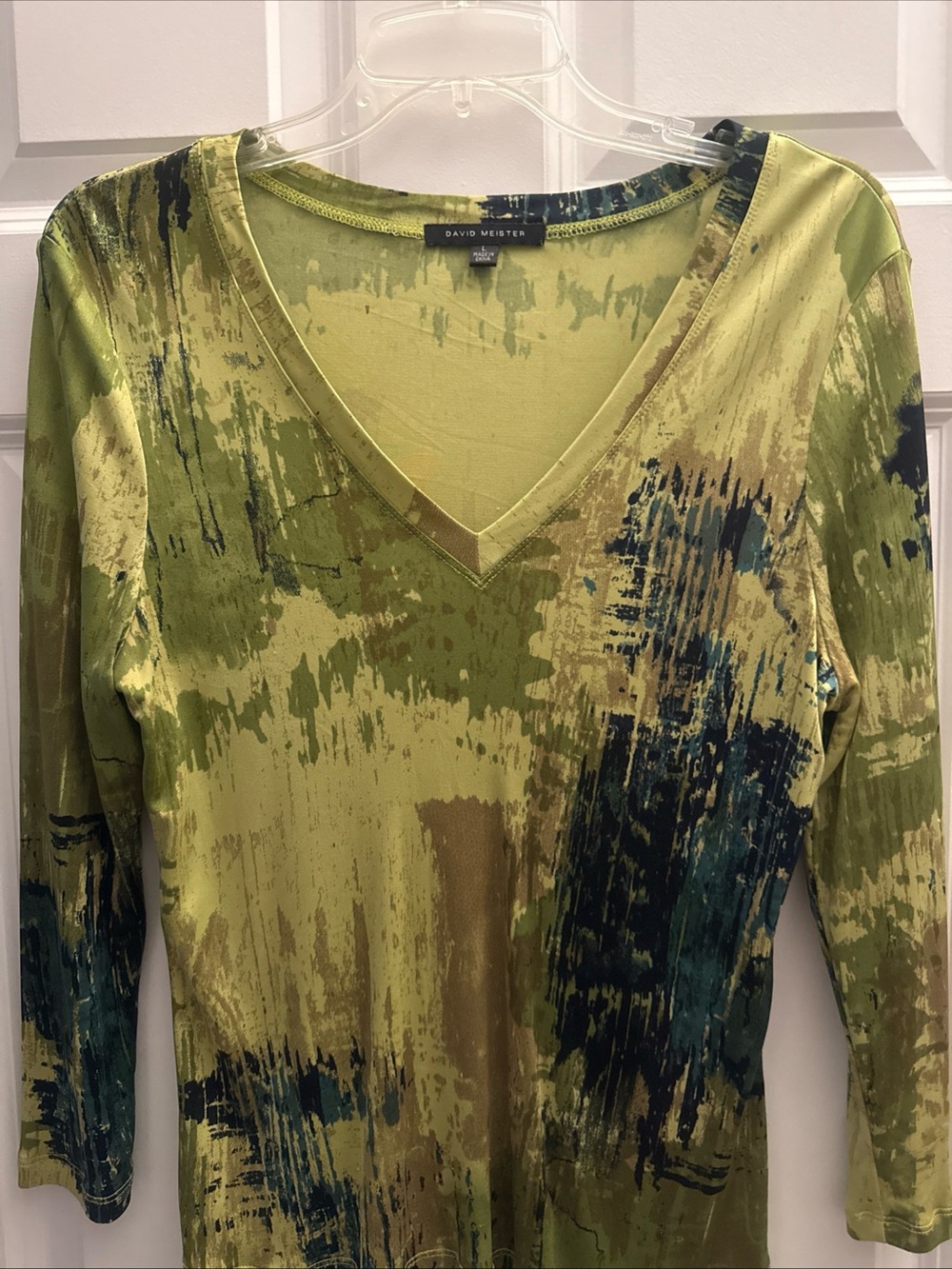 David Meister Women’s Green Abstract V-Neck Long Sleeve Top size L